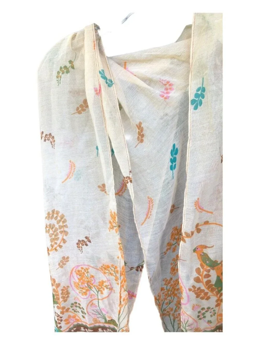 Multi Color Leaf Print Bird Accent Boho Rectangle Sheer Scarf READ